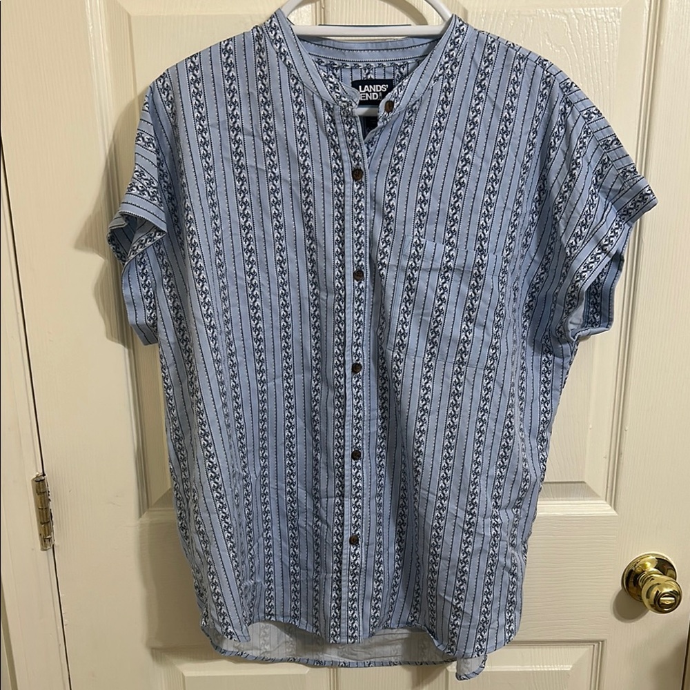 Lands' End Blue Casual Button Down Shirt with Mandarin Collar